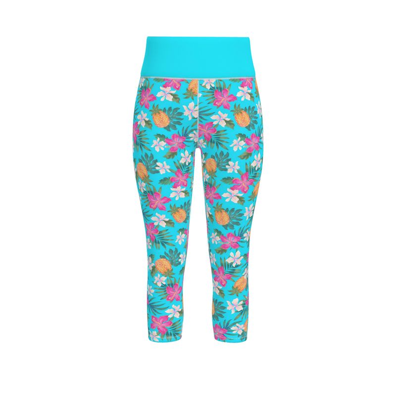 Women's High-Waist Sports Leggings - Pineapple Paradise - Tropical Blue