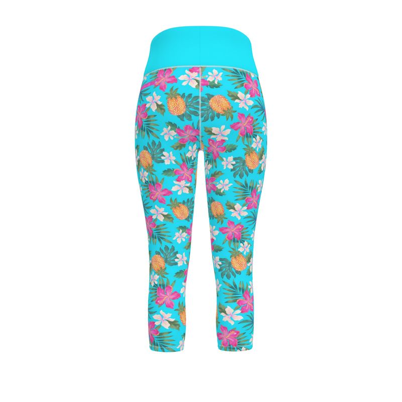 Women's High-Waist Sports Leggings - Pineapple Paradise - Tropical Blue