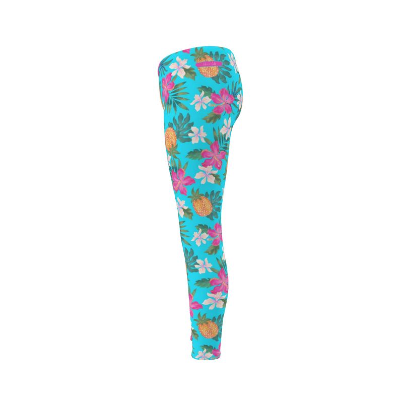 Women's Mid-Rise Full-Length Leggings - Pineapple Paradise - Tropical Blue