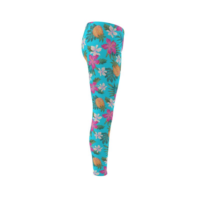 Women's Mid-Rise Full-Length Leggings - Pineapple Paradise - Tropical Blue