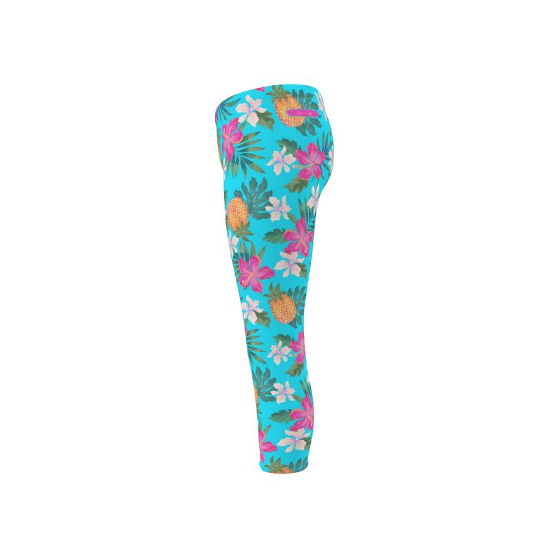 Women's Mid-Rise Capri Length Leggings - Pineapple Paradise - Tropical Blue