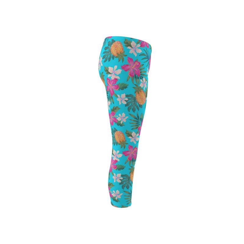 Women's Mid-Rise Capri Length Leggings - Pineapple Paradise - Tropical Blue