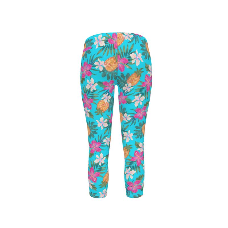 Women's Mid-Rise Capri Length Leggings - Pineapple Paradise - Tropical Blue