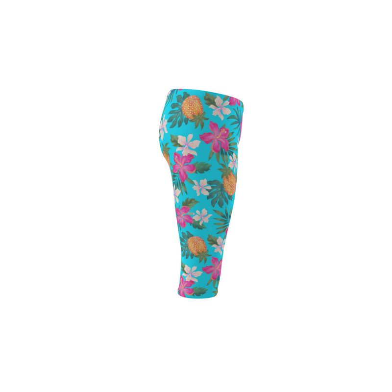 Women's Mid-Rise 3/4 Length Leggings - Pineapple Paradise - Tropical Blue