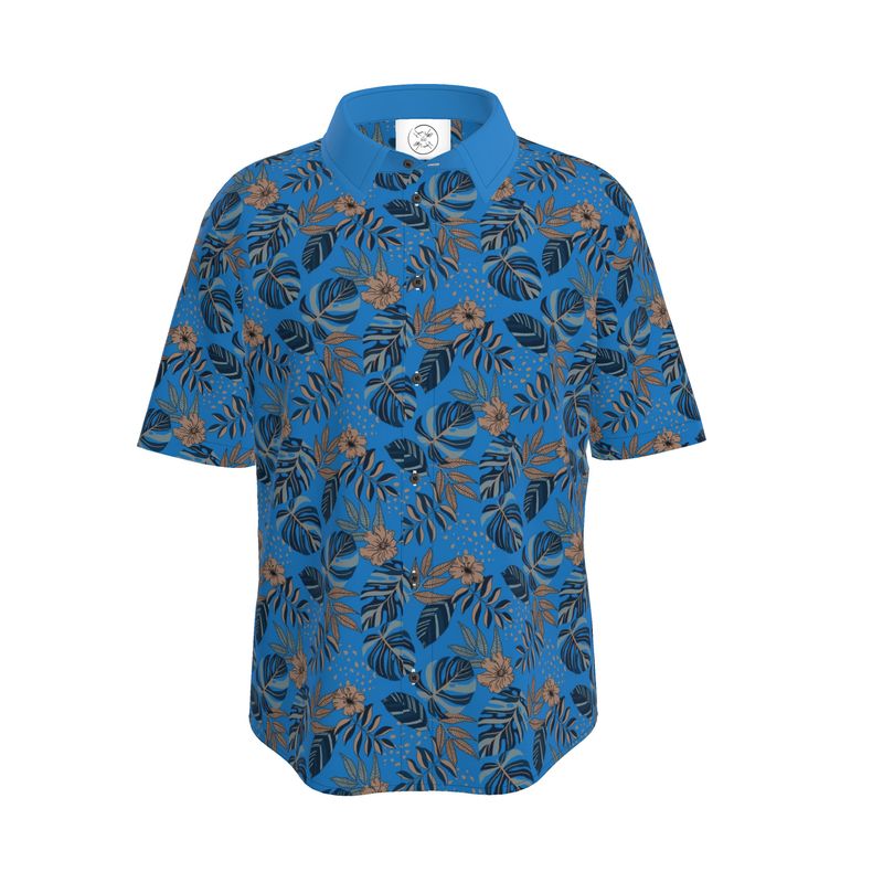 Men's Button-Up Dress T-Shirt - Midnight Monstera - Azure Blue