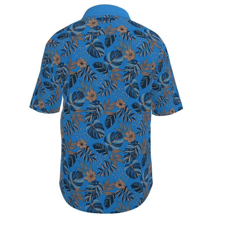 Men's Button-Up Dress T-Shirt - Midnight Monstera - Azure Blue