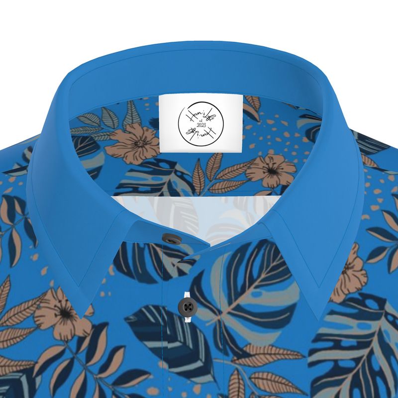 Men's Button-Up Dress T-Shirt - Midnight Monstera - Azure Blue