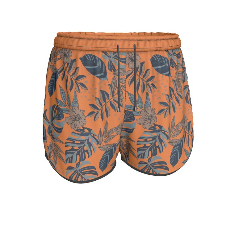 Women's Athletic Shorts - Midnight Monstera - Cadmium Orange