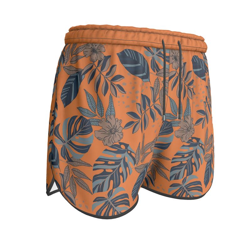 Women's Athletic Shorts - Midnight Monstera - Cadmium Orange