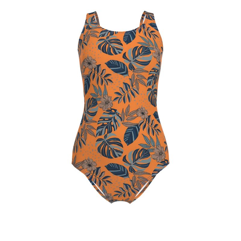 Women's One-Piece Swimsuit - Midnight Monstera - Cadmium Orange