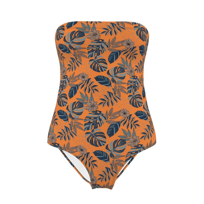 Women's Strapless Swimsuit - Midnight Monstera - Cadmium Orange