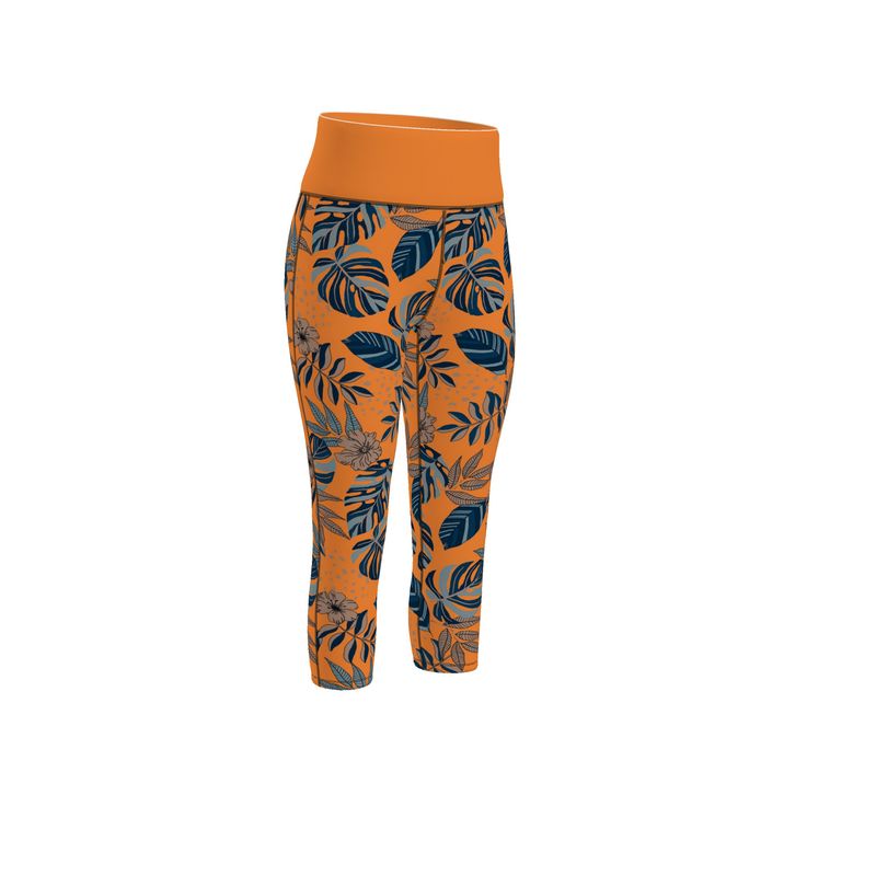 Women's High-Waist Sports Leggings - Midnight Monstera - Cadmium Orange