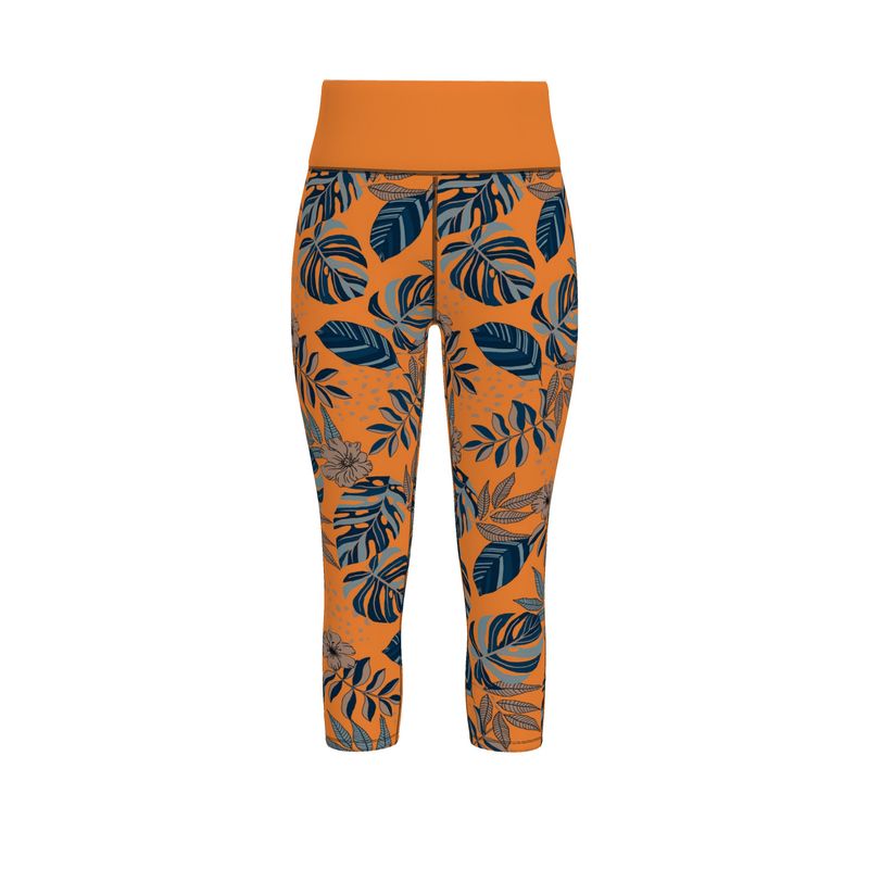 Women's High-Waist Sports Leggings - Midnight Monstera - Cadmium Orange