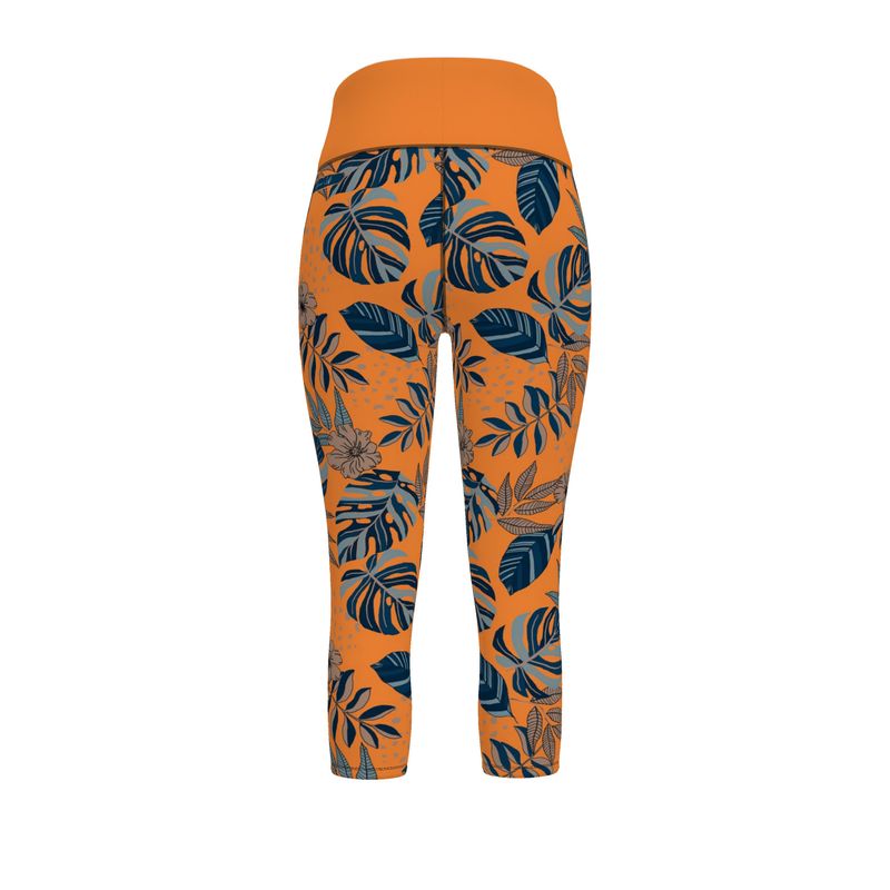 Women's High-Waist Sports Leggings - Midnight Monstera - Cadmium Orange