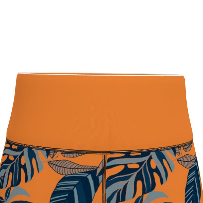 Women's High-Waist Sports Leggings - Midnight Monstera - Cadmium Orange