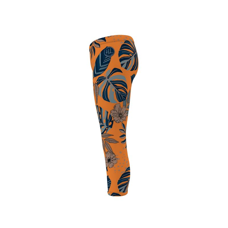 Women's Mid-Rise Capri Leggings - Midnight Monstera - Cadmium Orange
