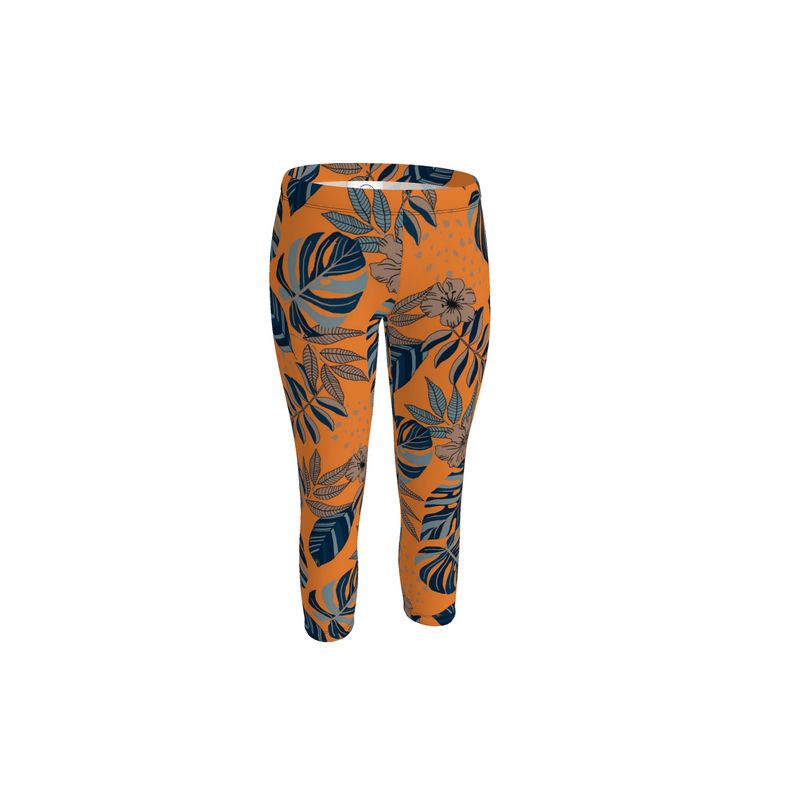 Women's Mid-Rise Capri Leggings - Midnight Monstera - Cadmium Orange