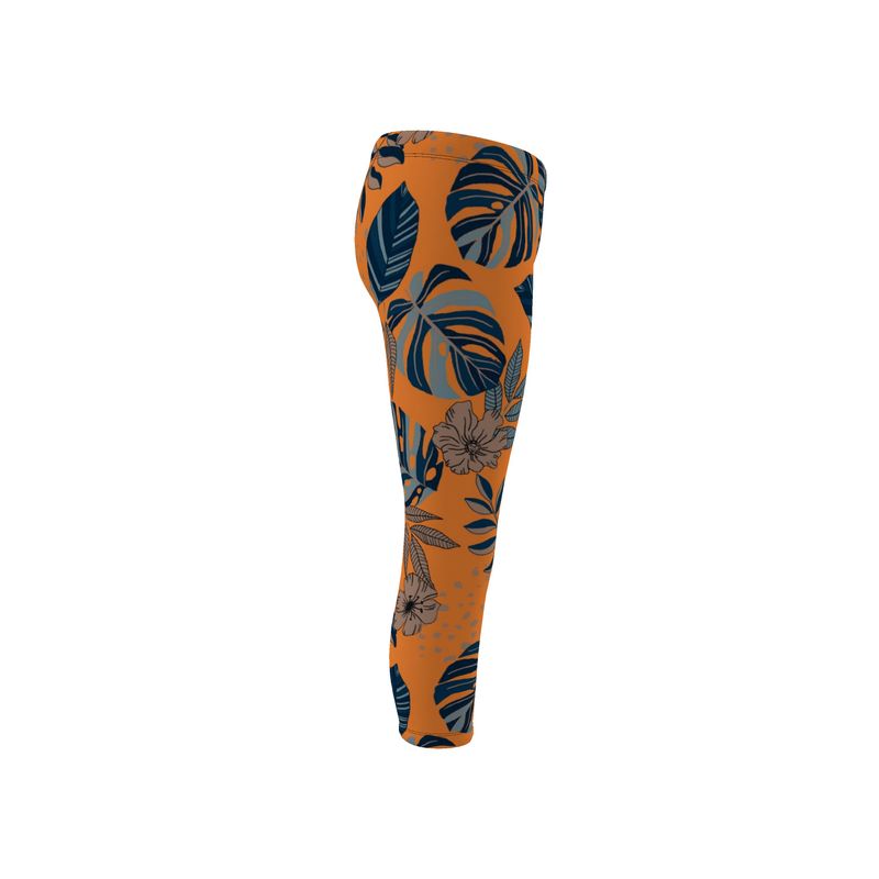 Women's Mid-Rise Capri Leggings - Midnight Monstera - Cadmium Orange
