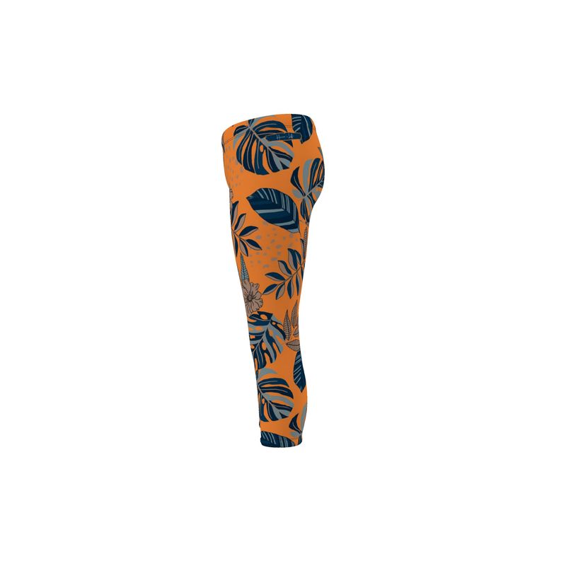 Women's Mid-Rise Capri Leggings - Midnight Monstera - Cadmium Orange