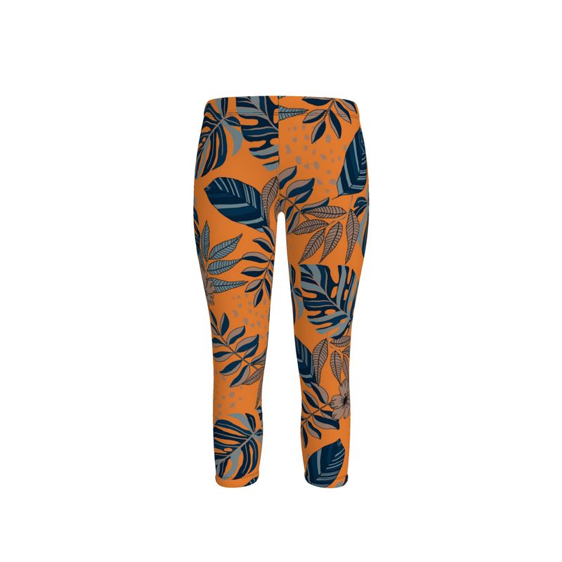 Women's Mid-Rise Capri Leggings - Midnight Monstera - Cadmium Orange