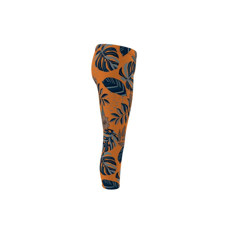 Women's Mid-Rise Capri Leggings - Midnight Monstera - Cadmium Orange