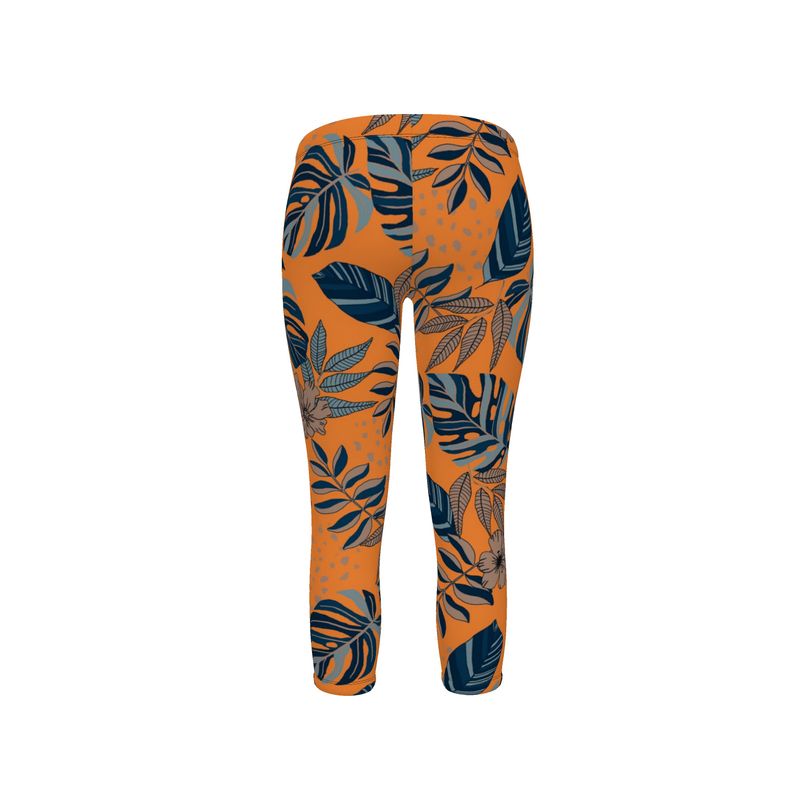 Women's Mid-Rise Capri Leggings - Midnight Monstera - Cadmium Orange