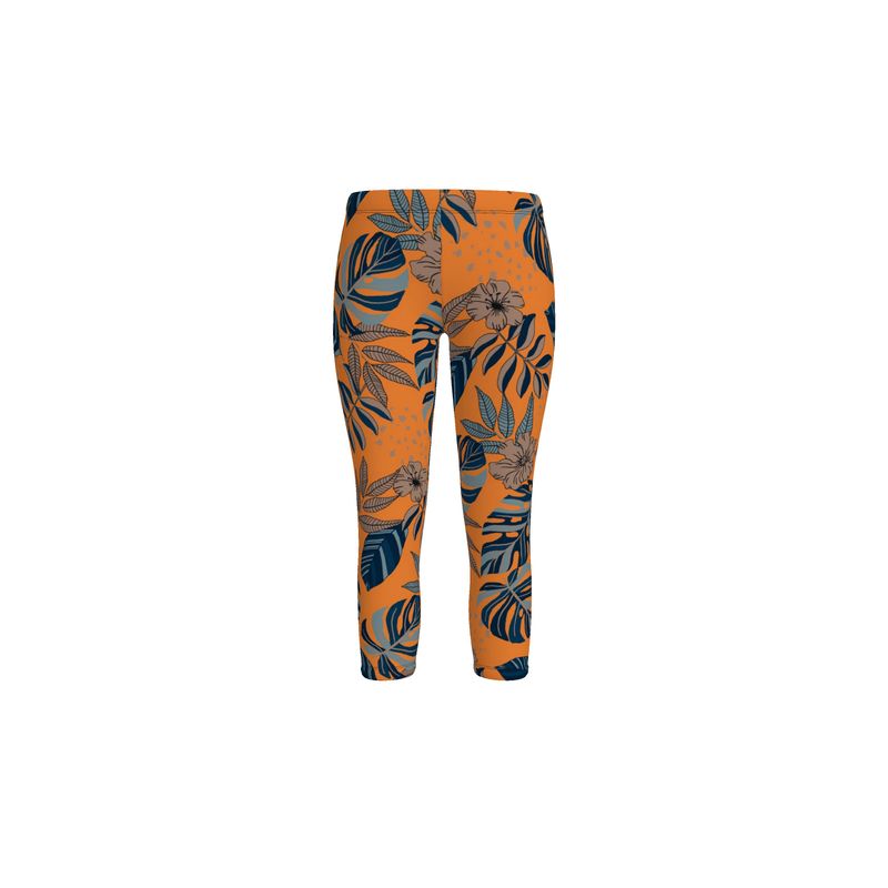 Women's Mid-Rise Capri Leggings - Midnight Monstera - Cadmium Orange