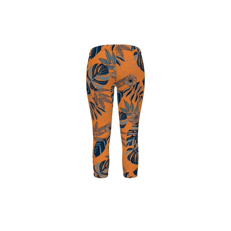 Women's Mid-Rise Capri Leggings - Midnight Monstera - Cadmium Orange