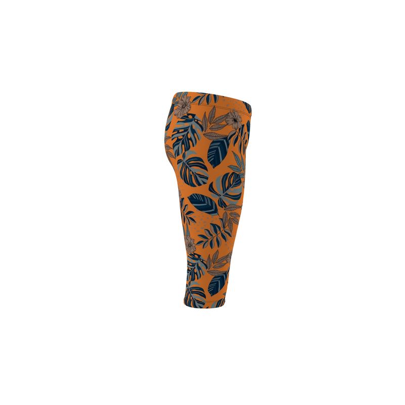 Women's Mid-Rise 3/4 Length Leggings - Midnight Monstera - Cadmium Orange