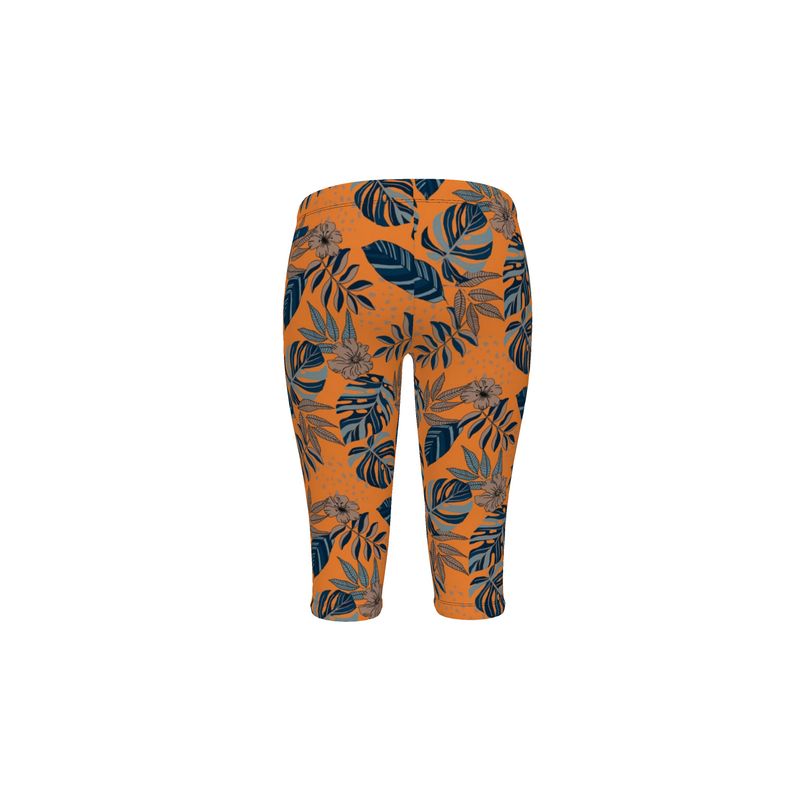 Women's Mid-Rise 3/4 Length Leggings - Midnight Monstera - Cadmium Orange