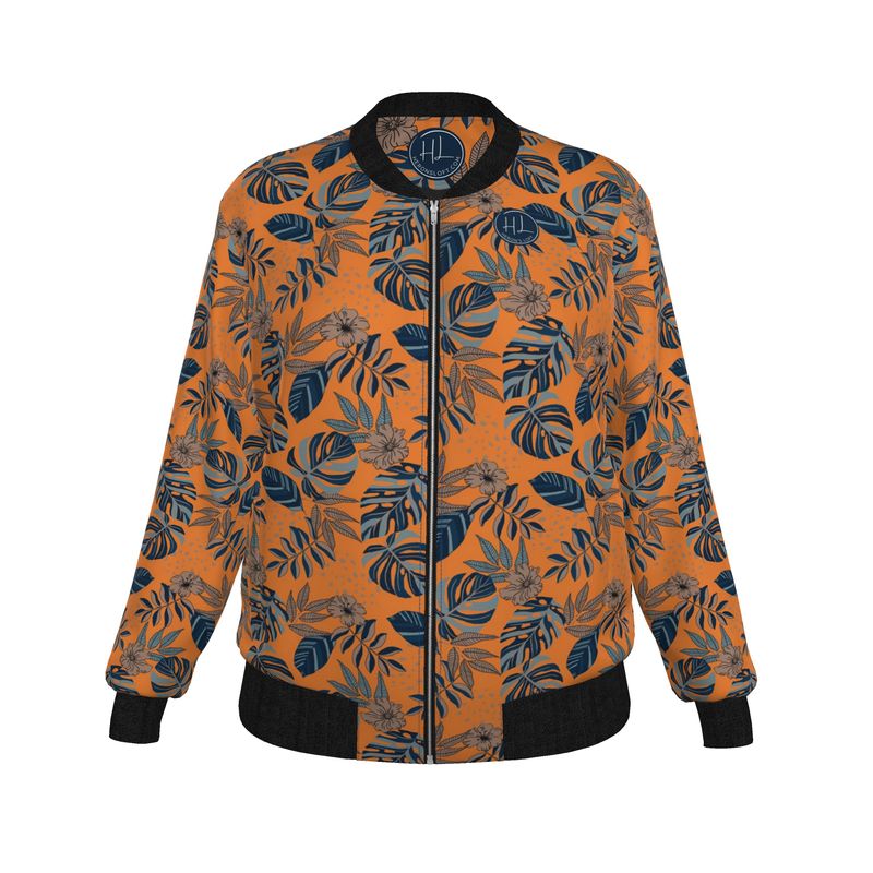 Women's Bomber Jacket - Midnight Monstera - Cadmium Orange