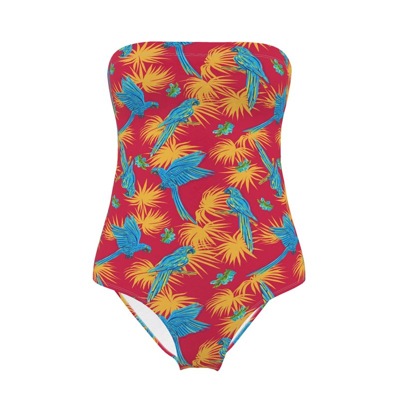 Women's Strapless Swimsuit - Tropical Macaw - Raspberry Red