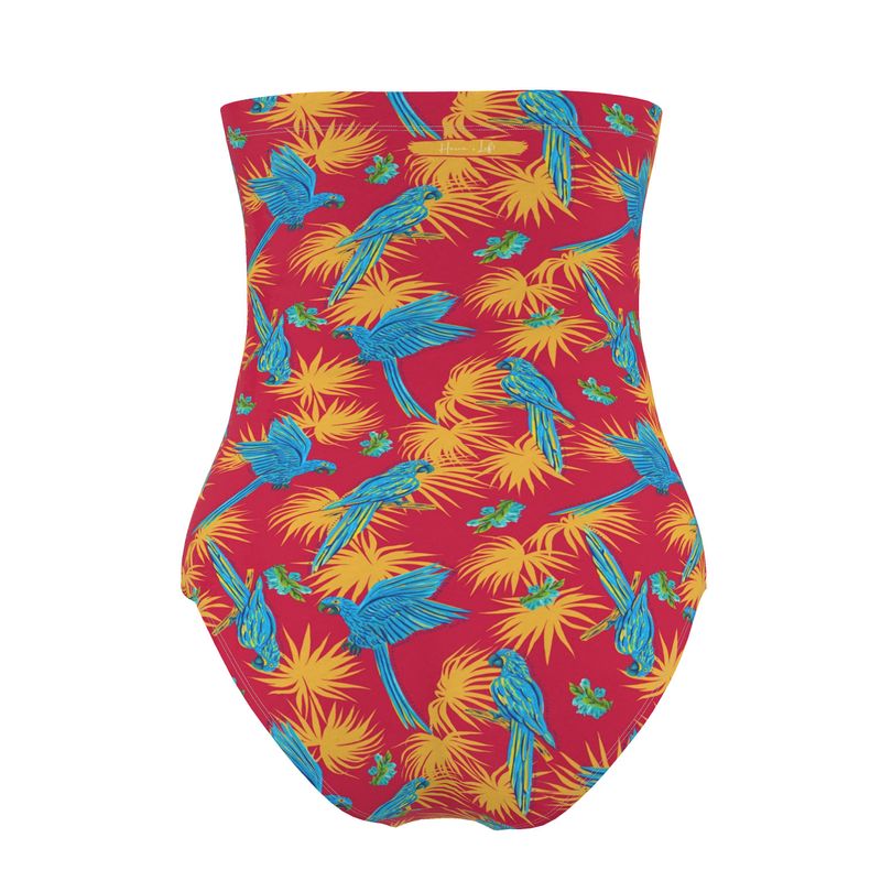 Women's Strapless Swimsuit - Tropical Macaw - Raspberry Red