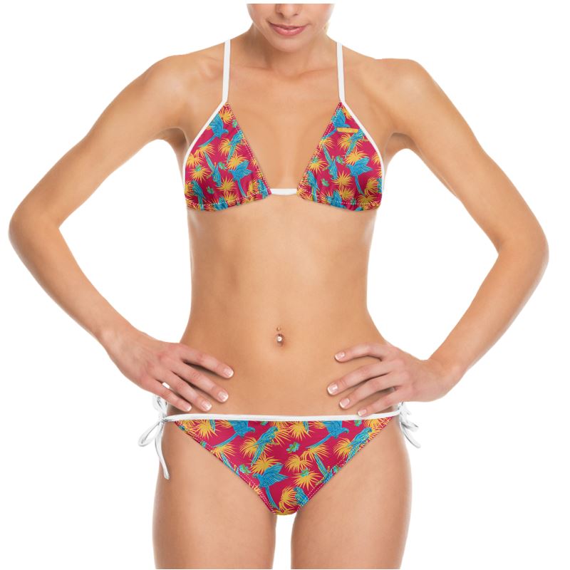 Women's String Bikini - Tropical Macaw - Raspberry Red