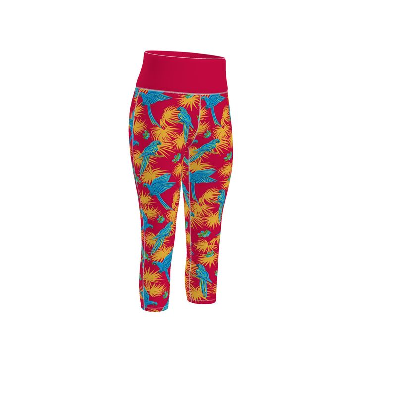 Women's High-Waist Sports Leggings -Tropical Macaw - Raspberry Red