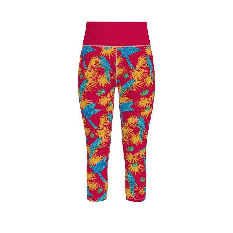 Women's High-Waist Sports Leggings -Tropical Macaw - Raspberry Red