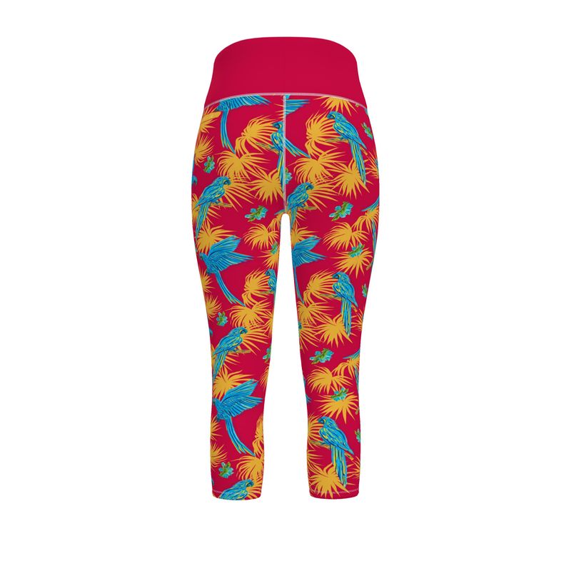 Women's High-Waist Sports Leggings -Tropical Macaw - Raspberry Red