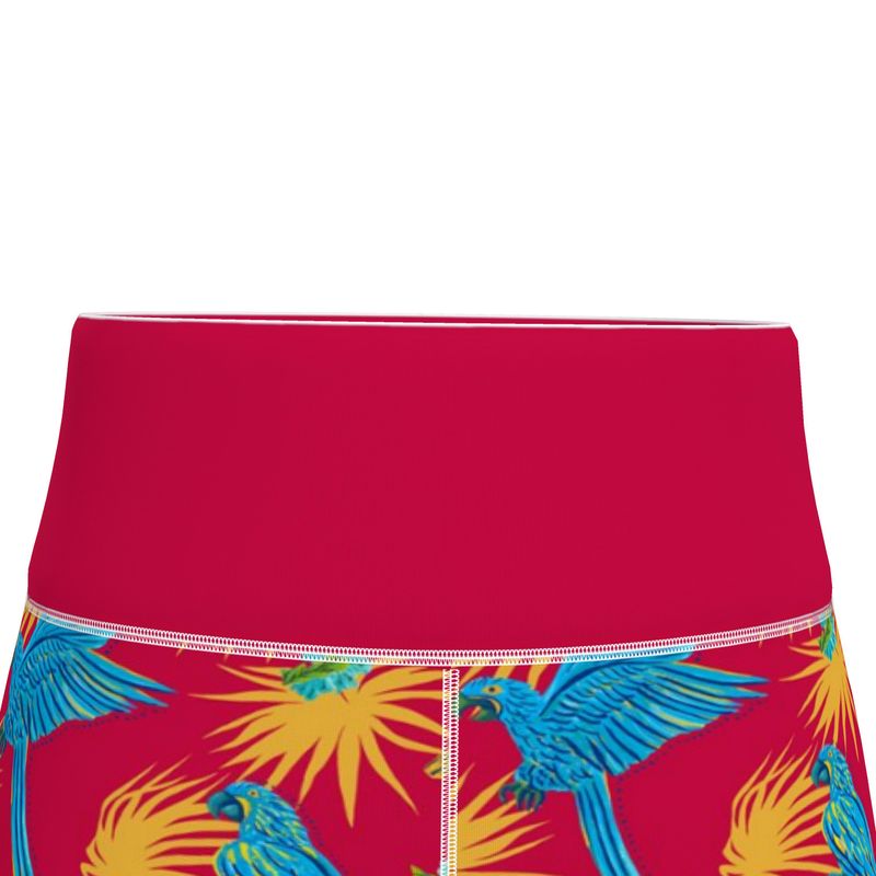 Women's High-Waist Sports Leggings -Tropical Macaw - Raspberry Red