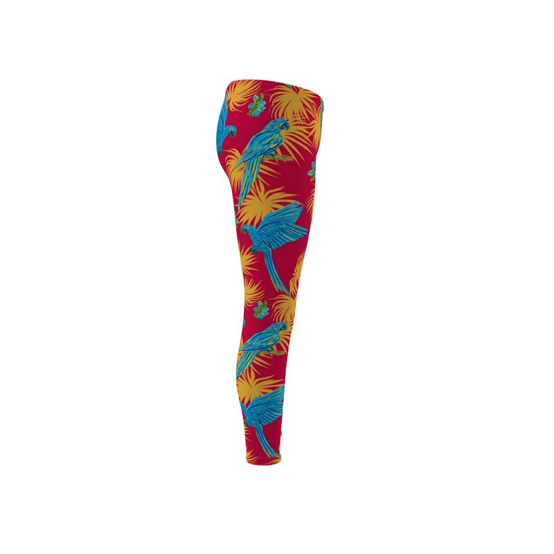 Women's Mid-Rise Full-Length Leggings - Tropical Macaw - Raspberry Red