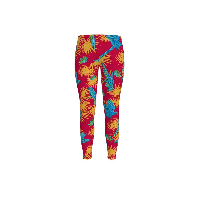 Women's Mid-Rise Full-Length Leggings - Tropical Macaw - Raspberry Red