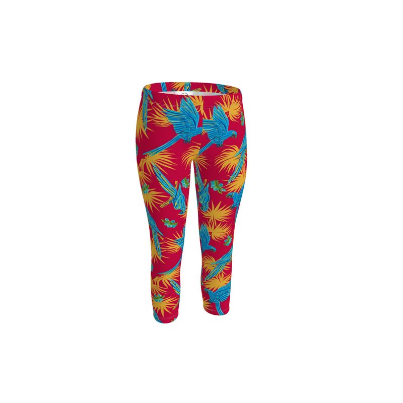 Women's Mid-Rise Capri Leggings - Tropical Macaw - Raspberry Red