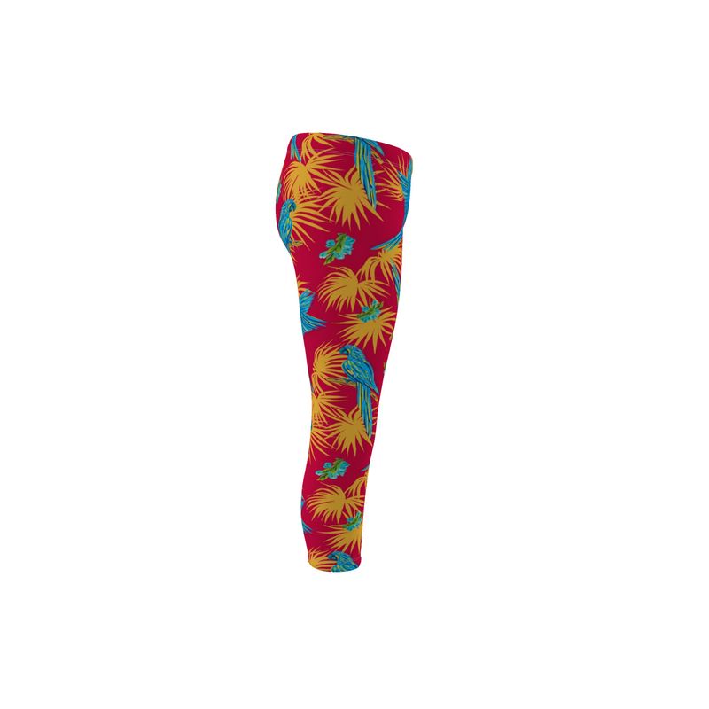 Women's Mid-Rise Capri Leggings - Tropical Macaw - Raspberry Red