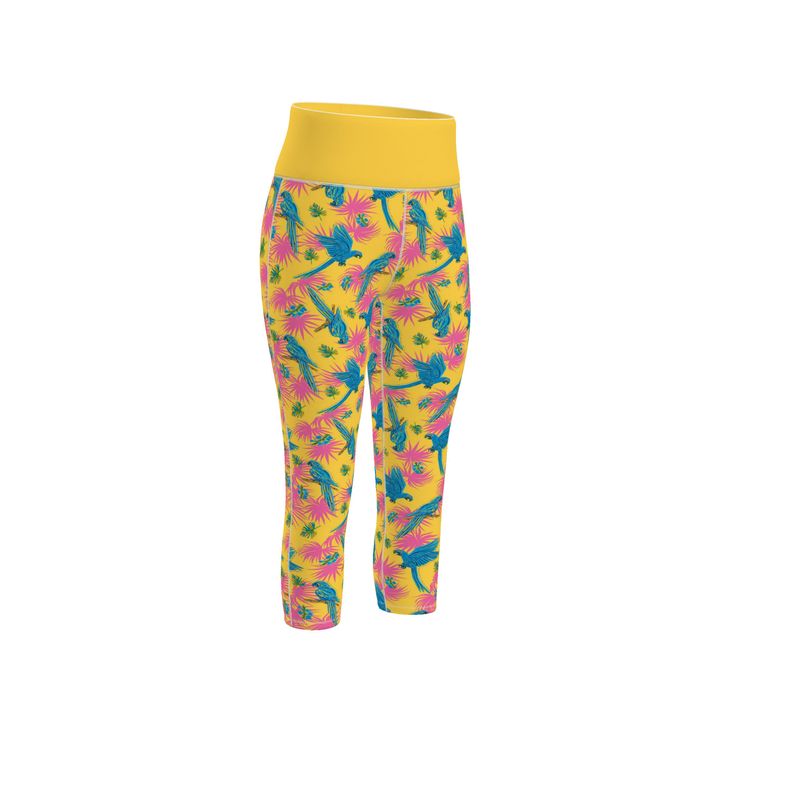 Women's High-Waist Sports Leggings - Tropical Macaw - Yellow