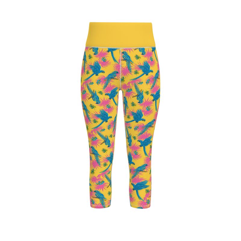 Women's High-Waist Sports Leggings - Tropical Macaw - Yellow