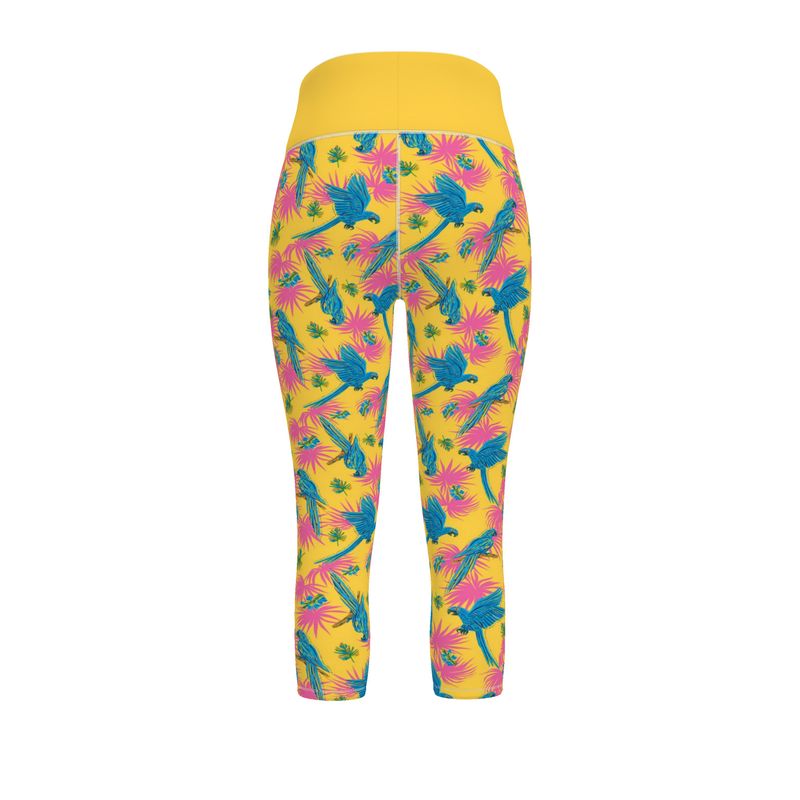 Women's High-Waist Sports Leggings - Tropical Macaw - Yellow