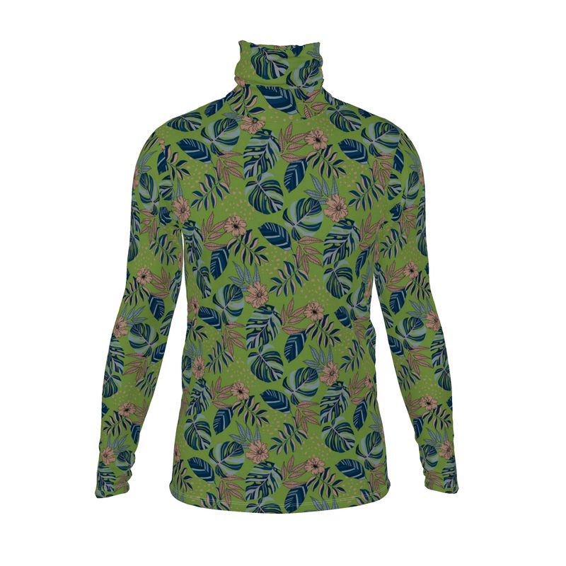 Men's High-Roll Turtle Neck - Midnight Monstera - Olive Green