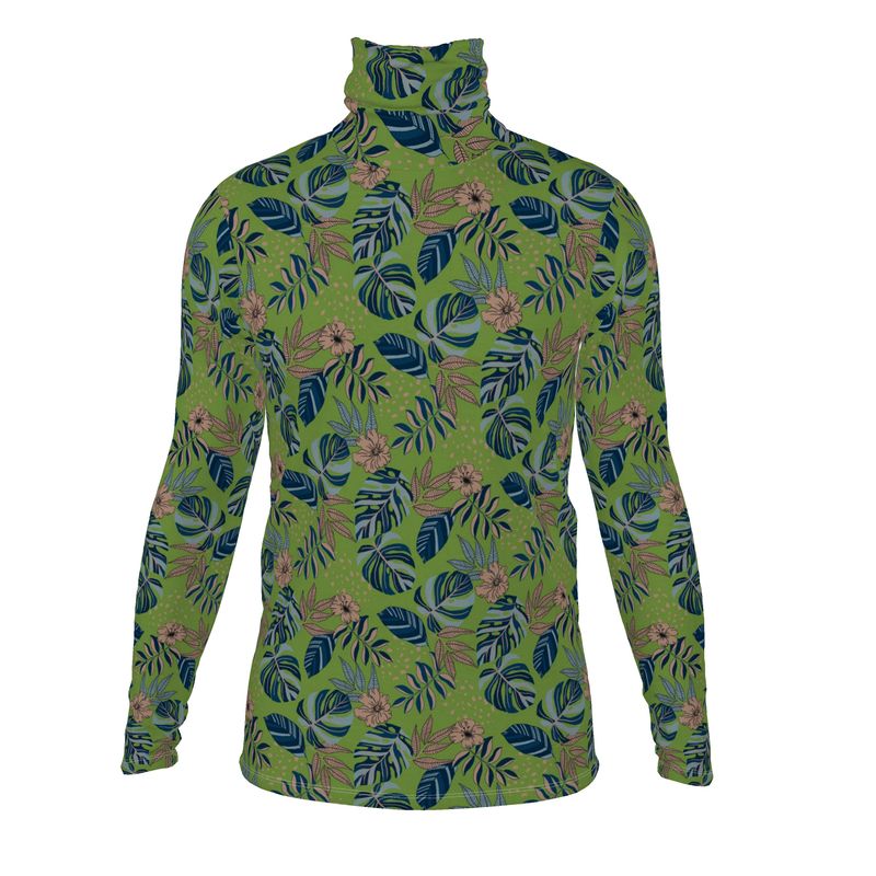 Men's High-Roll Turtle Neck - Midnight Monstera - Olive Green