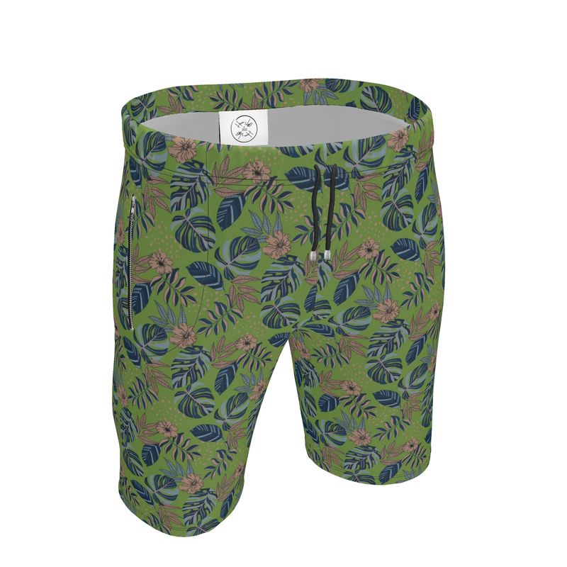 Men's Gym Shorts - Midnight Monstera - Olive Green