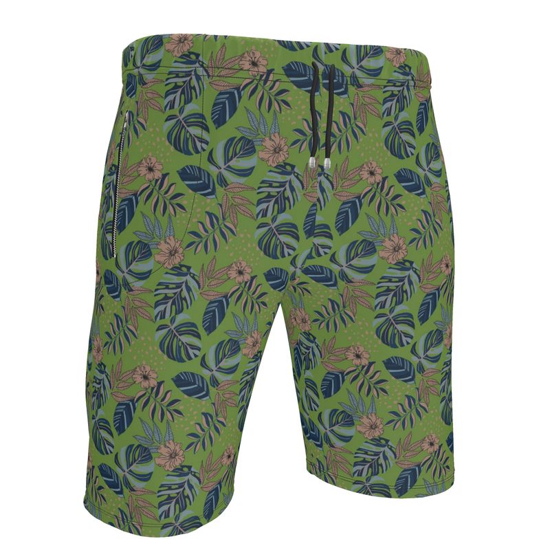 Men's Gym Shorts - Midnight Monstera - Olive Green