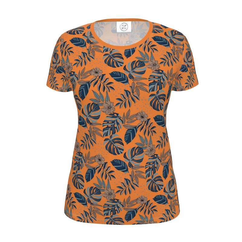 Women's Athletic Crew Neck T-Shirt - Midnight Monstera - Cadmium Orange